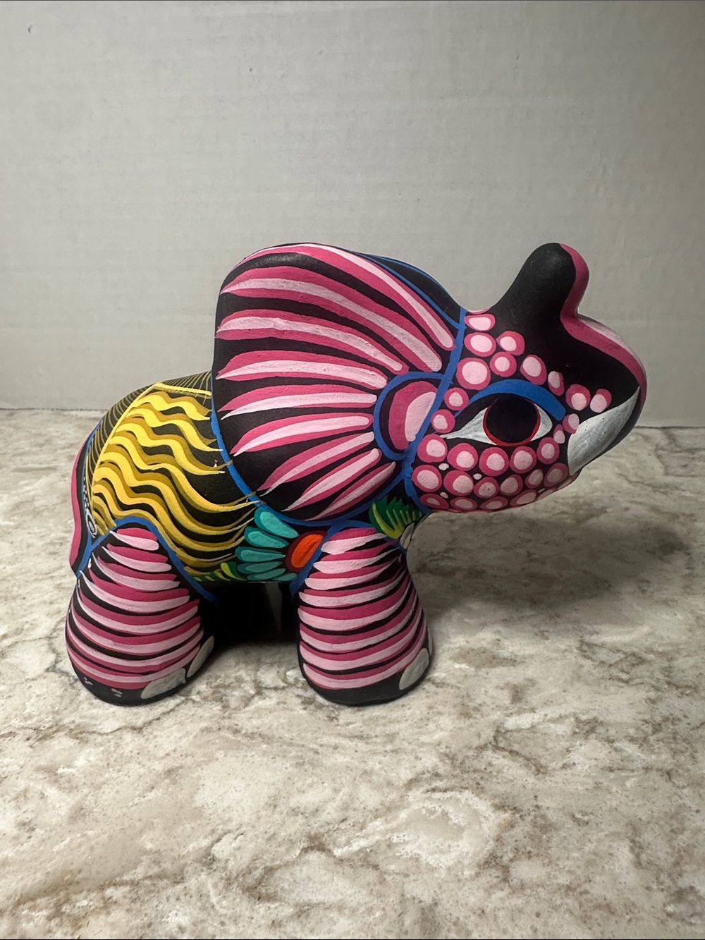Hand-Painted Pink Striped Elephant Figurine - Decorative Home Accent
